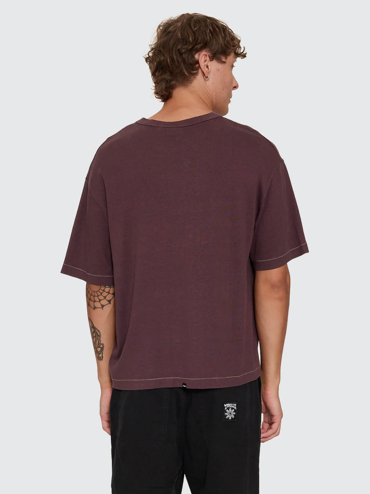 Hemp Thrills Embro Oversize Box Crop Contrast Tee - Aubergine XS