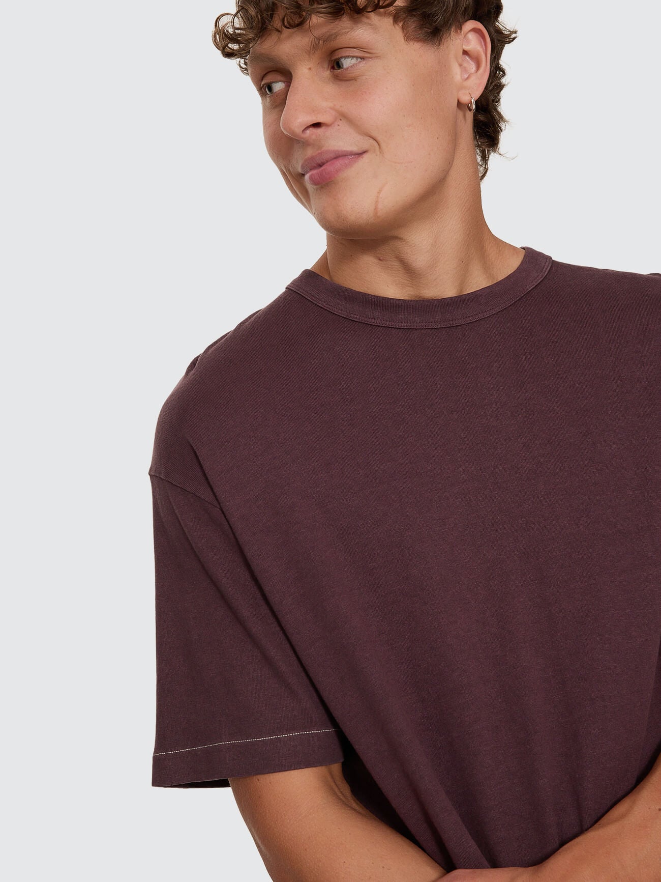 Hemp Thrills Embro Oversize Box Crop Contrast Tee - Aubergine XS