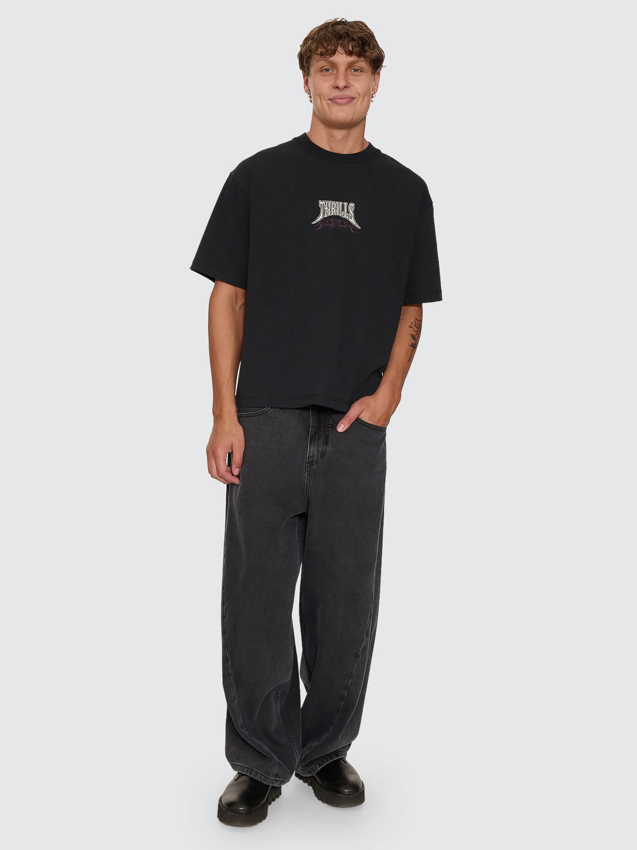 What We Believe Embro Oversize Box Crop Tee - Washed Black XS