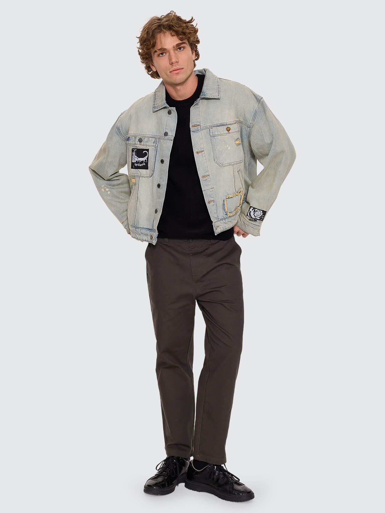 New Delusions Canyon Oversized Cropped Denim Jacket - Repaired Light Dirty Stone XS