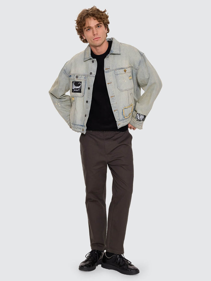 New Delusions Canyon Oversized Cropped Denim Jacket - Repaired Light Dirty Stone XS