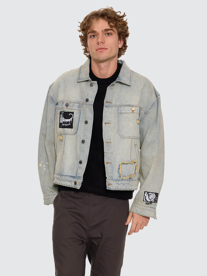New Delusions Canyon Oversized Cropped Denim Jacket - Repaired Light Dirty Stone XS
