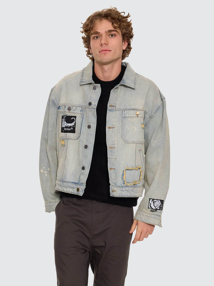 New Delusions Canyon Oversized Cropped Denim Jacket - Repaired Light Dirty Stone XS