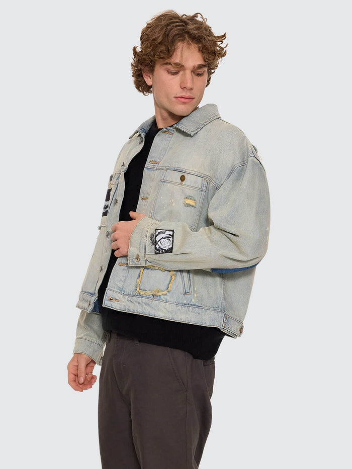 New Delusions Canyon Oversized Cropped Denim Jacket - Repaired Light Dirty Stone XS