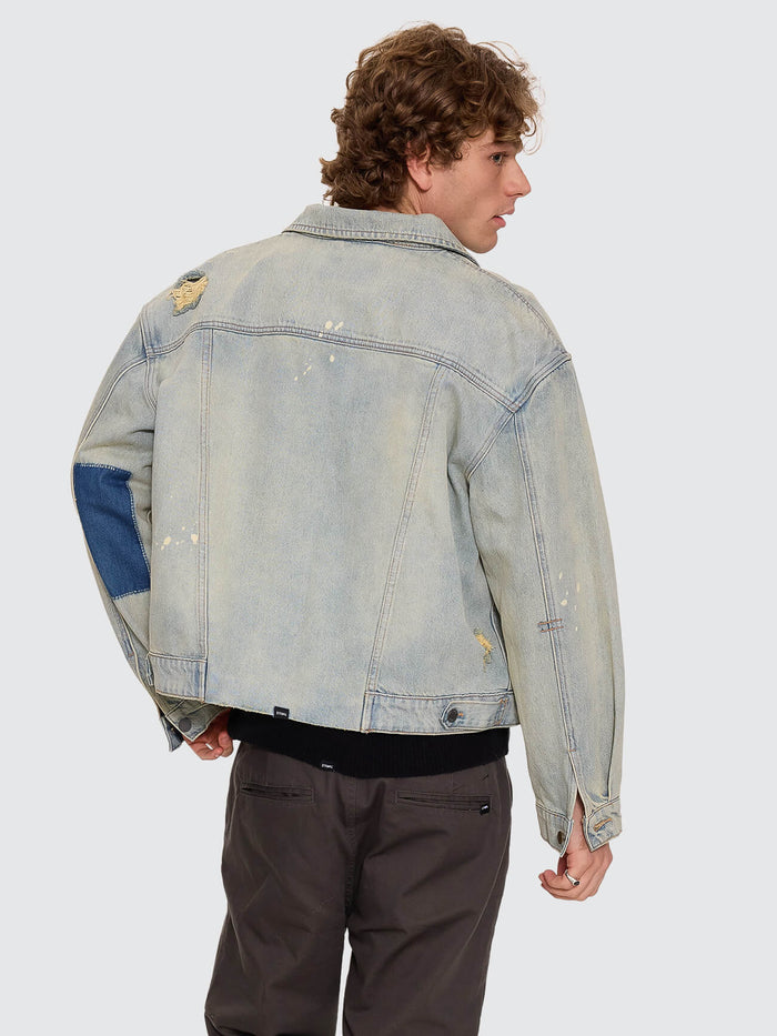 New Delusions Canyon Oversized Cropped Denim Jacket - Repaired Light Dirty Stone XS
