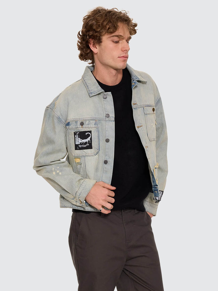 New Delusions Canyon Oversized Cropped Denim Jacket - Repaired Light Dirty Stone XS