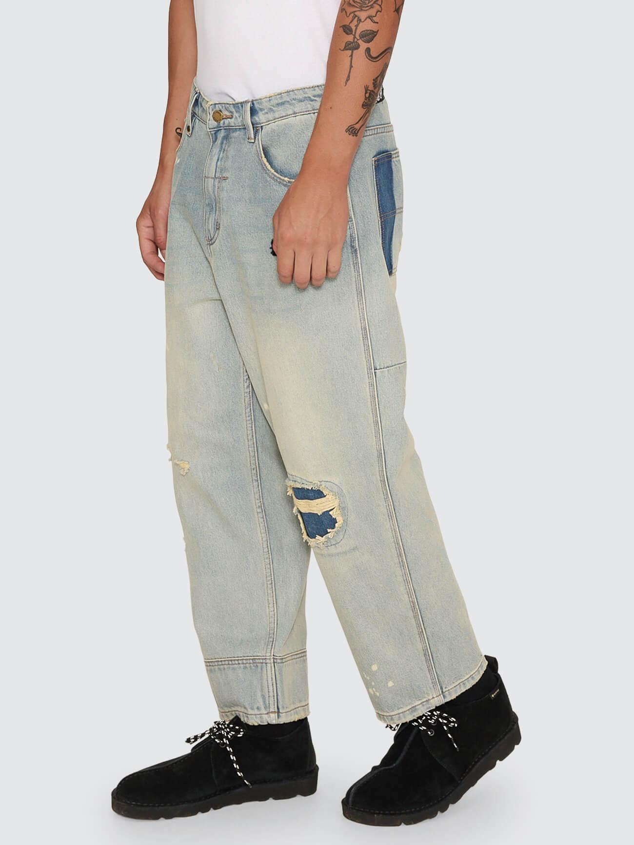 New Delusions Big Slacker Baggy Cropped Jean - Repaired Light Dirty Stone 26