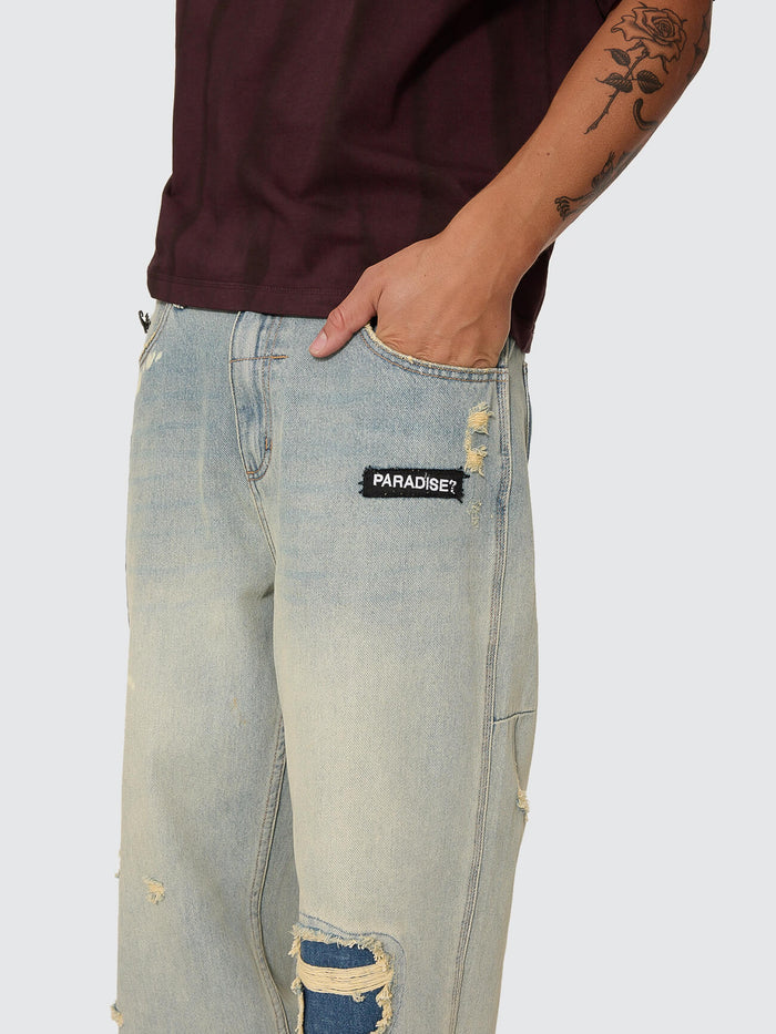 New Delusions Big Slacker Baggy Cropped Jean - Repaired Light Dirty Stone 26