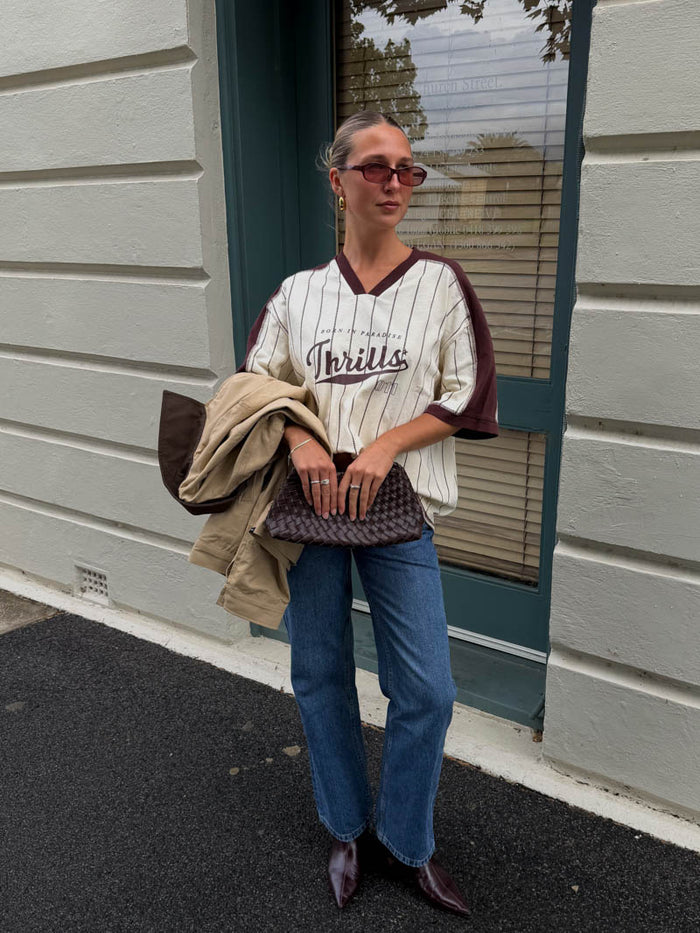 Baseline Stripe V-Neck Oversized Tee - Butter Cream