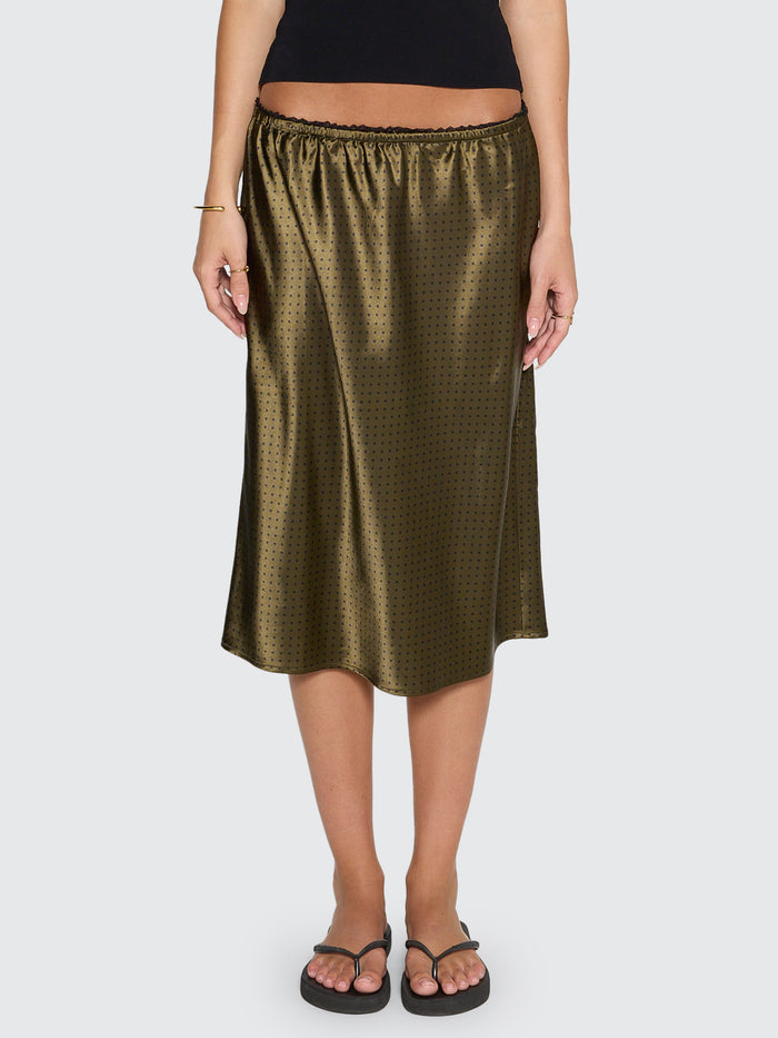 New Romance Midi Slip Skirt - Olive Green Polka Dot