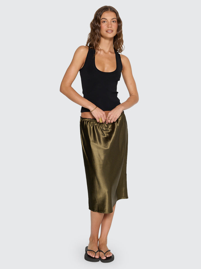 New Romance Midi Slip Skirt - Olive Green Polka Dot