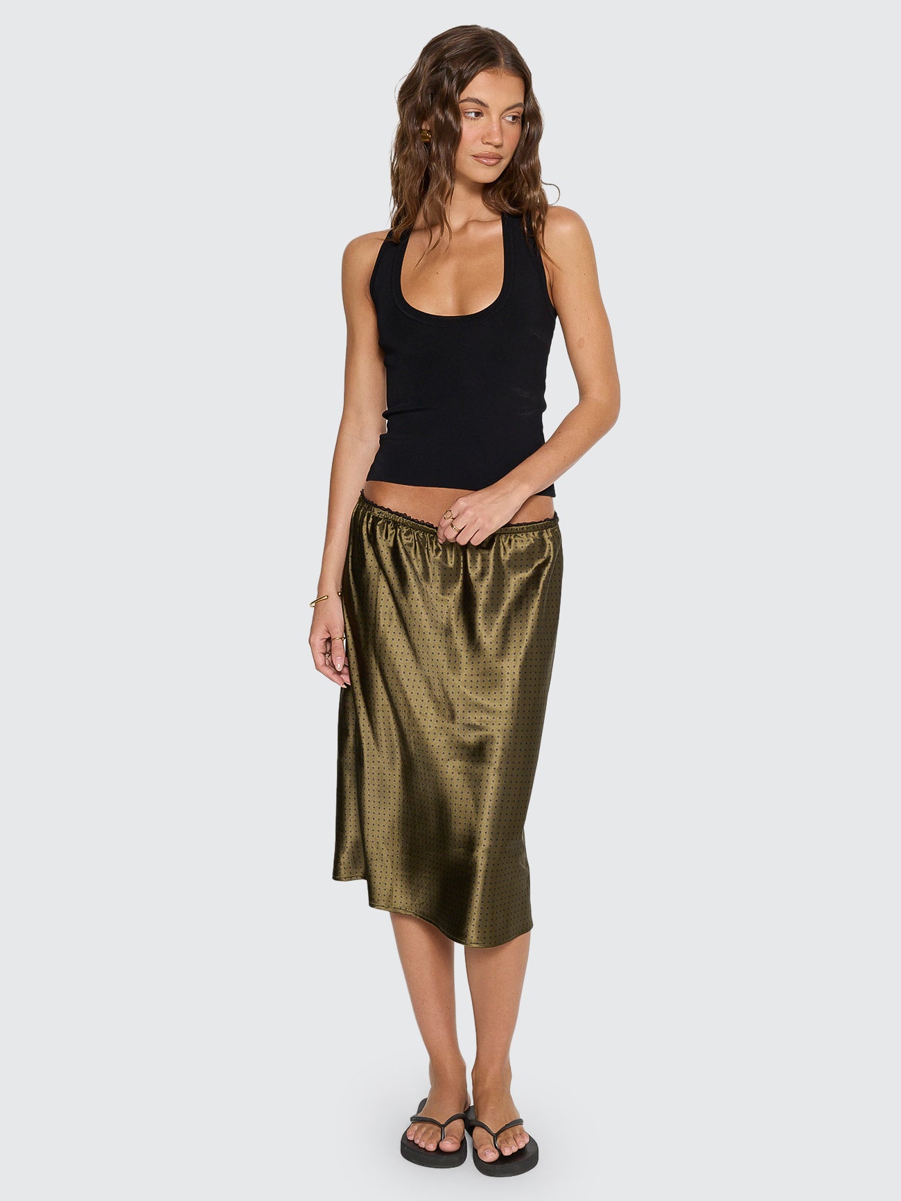 New Romance Midi Slip Skirt - Olive Green Polka Dot