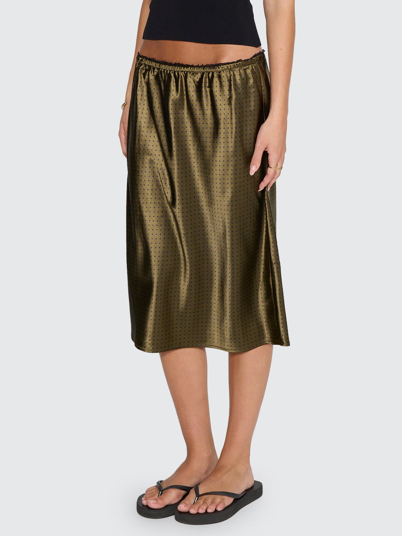 New Romance Midi Slip Skirt - Olive Green Polka Dot