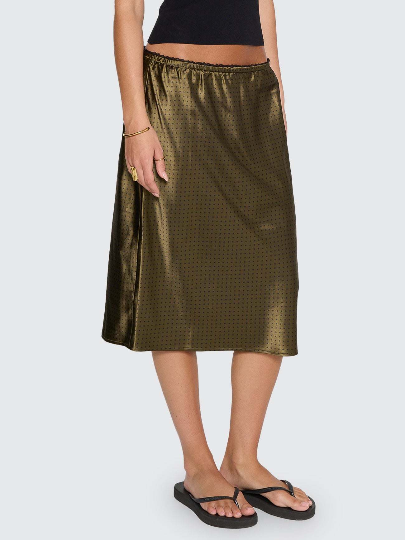 New Romance Midi Slip Skirt - Olive Green Polka Dot