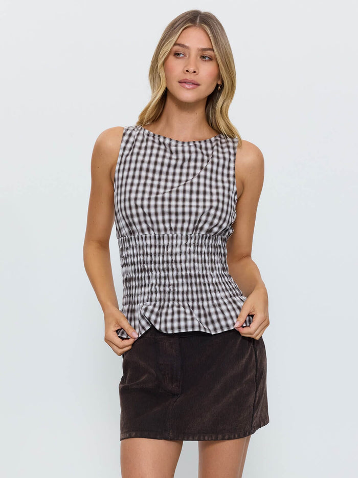 Stagger Check Shirred Top - Black 4