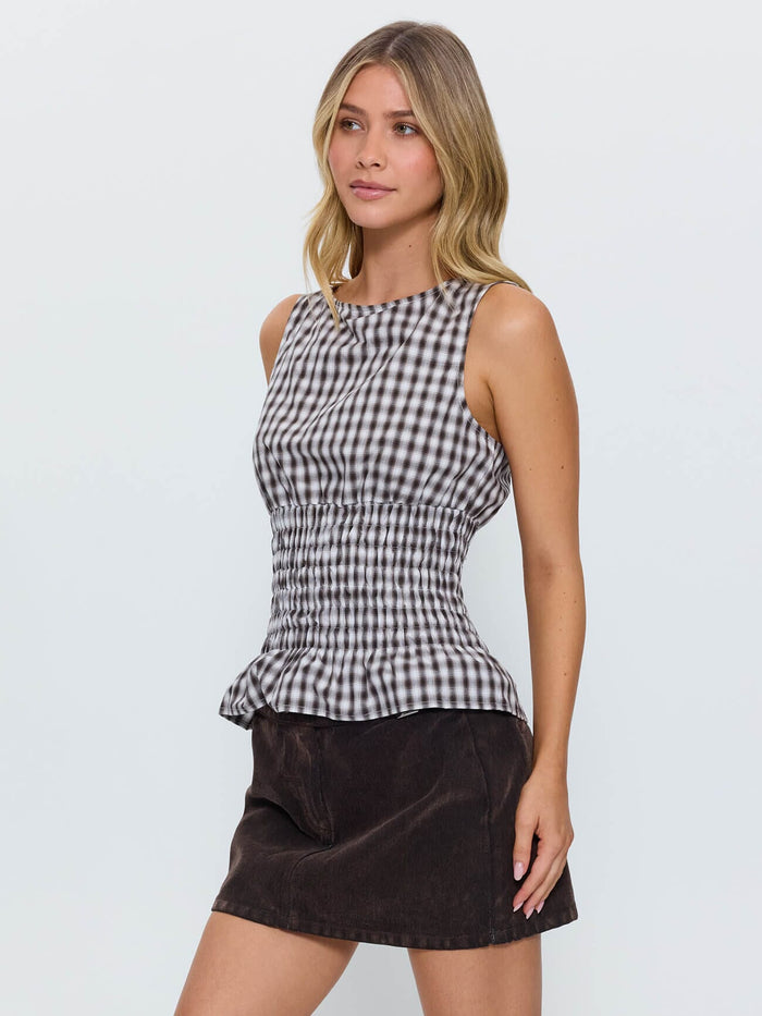 Stagger Check Shirred Top - Black 4