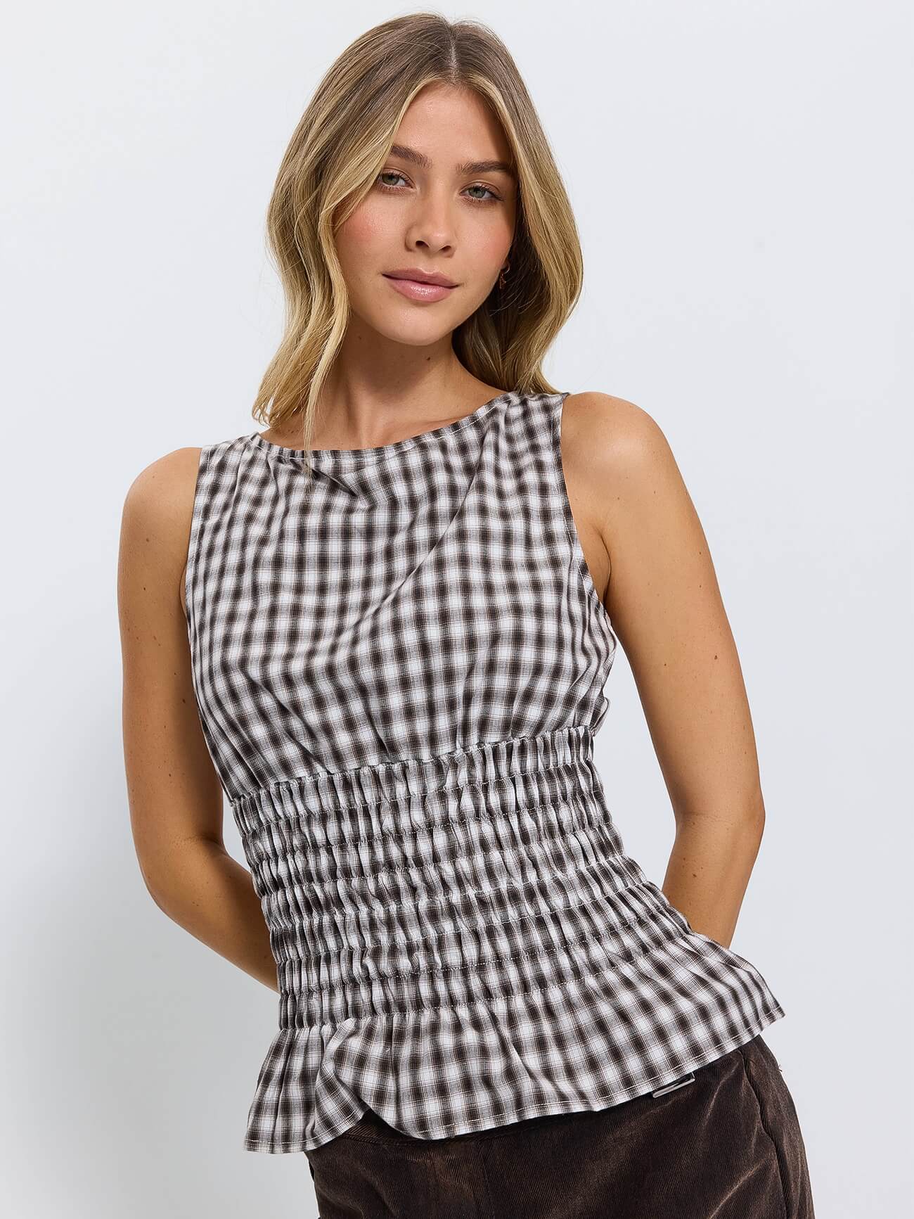 Stagger Check Shirred Top - Black 4