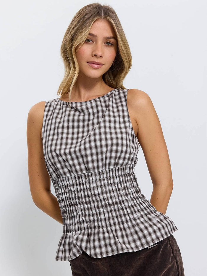 Stagger Check Shirred Top - Black 4