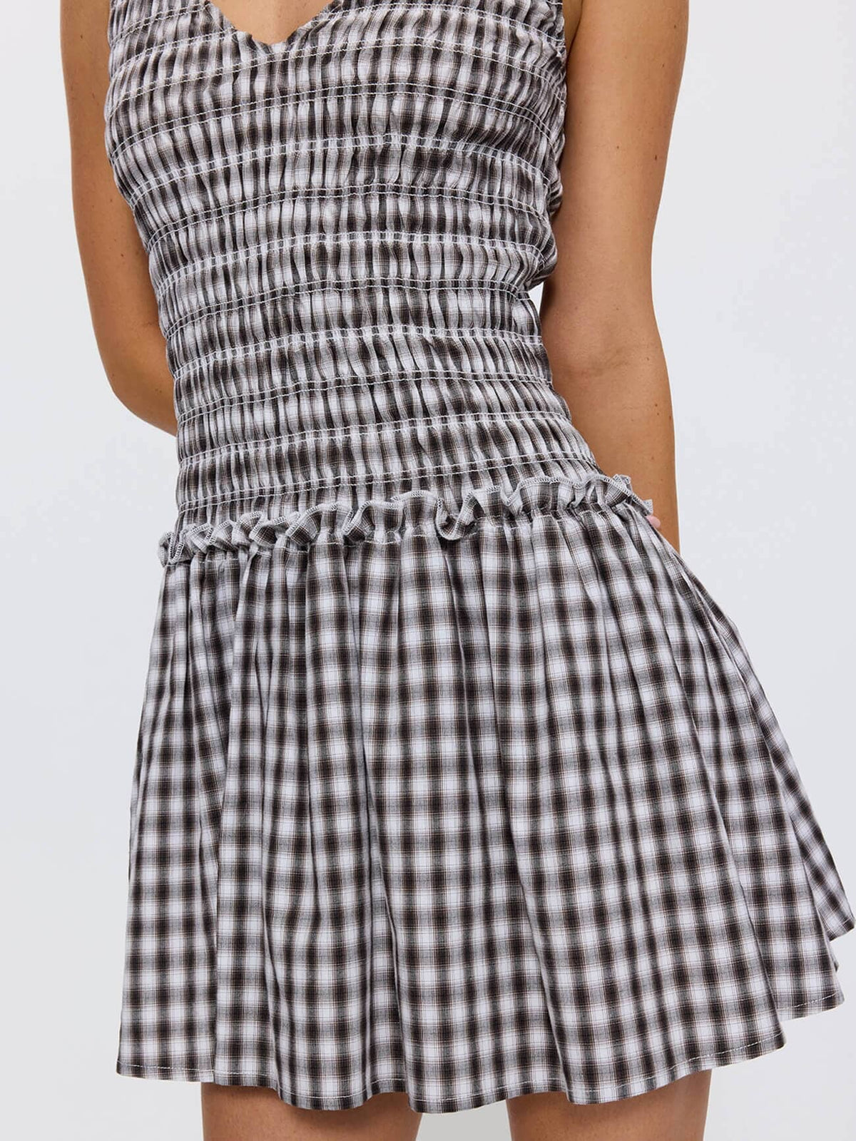 Stagger Check Shirred Dress - Black 4