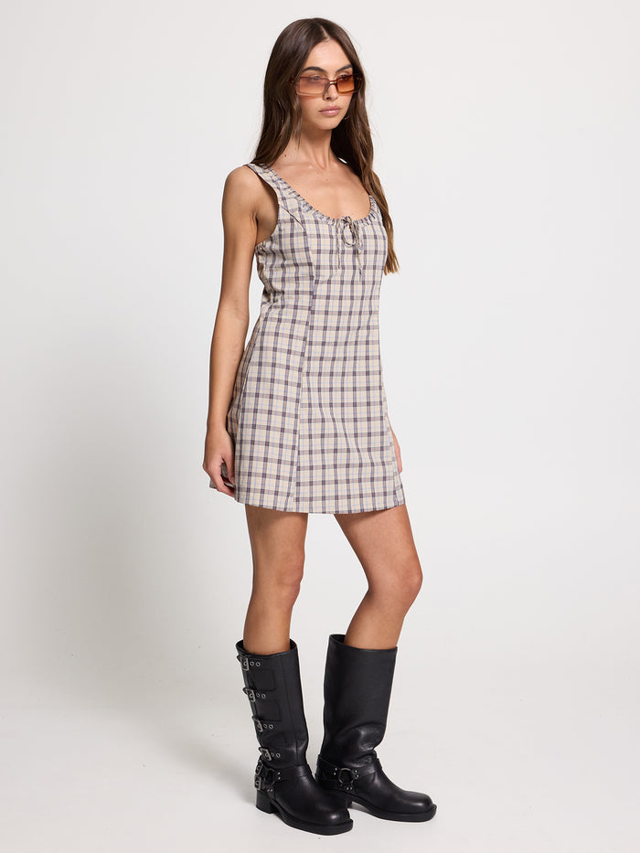 Pay Attention Bustier Mini Dress - Tan - Blue 4