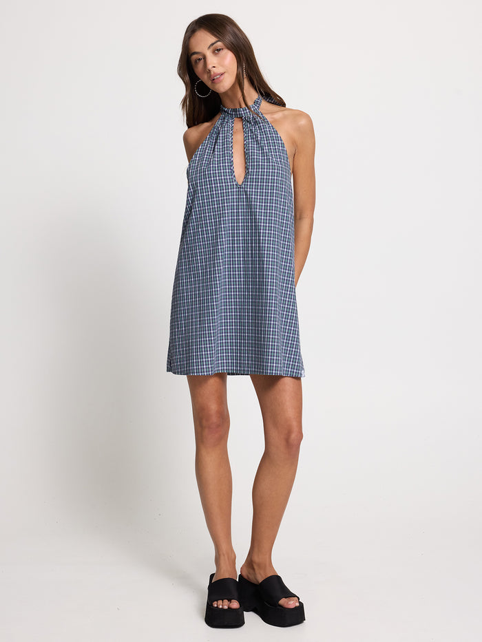No-Show Keyhole Halter Dress - Blue Green Check 4
