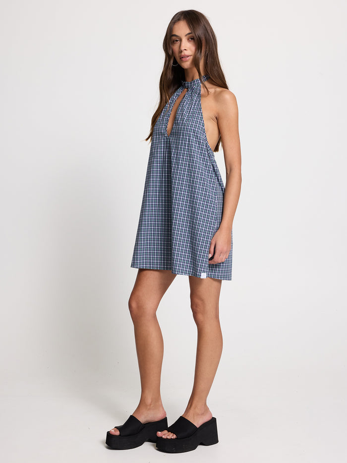 No-Show Keyhole Halter Dress - Blue Green Check 4