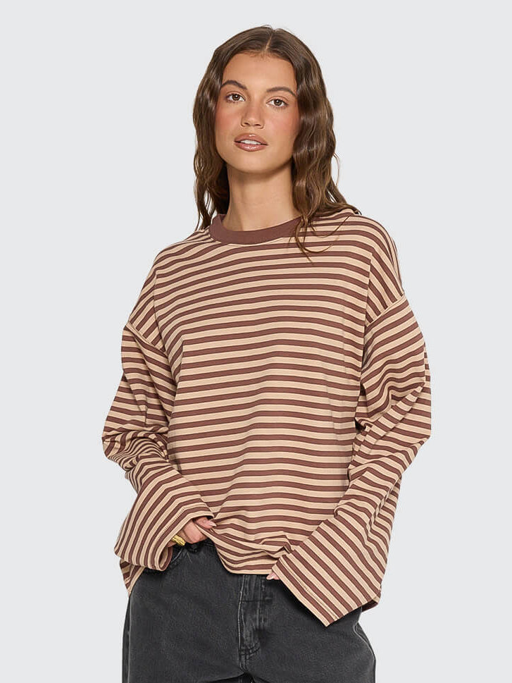 Muse Long Sleeve Oversize Tee - Choc Brown Stripe | Thrills Co.