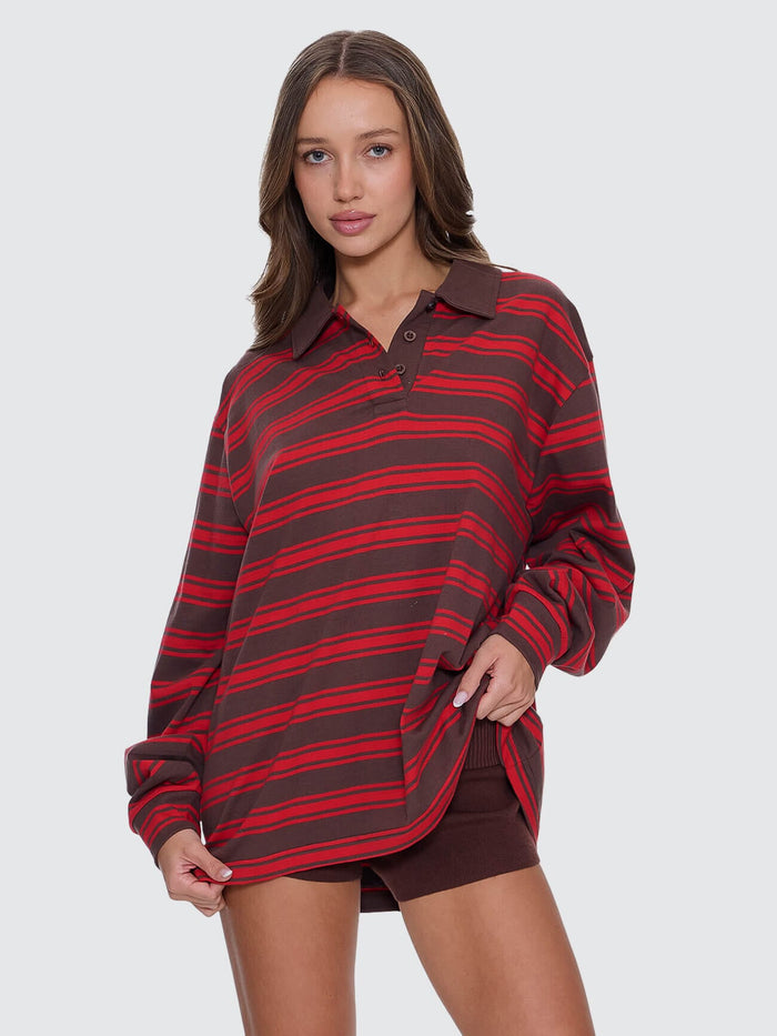 Conditions Apply Stripe Long Sleeve Polo - Bitter Chocolate 4
