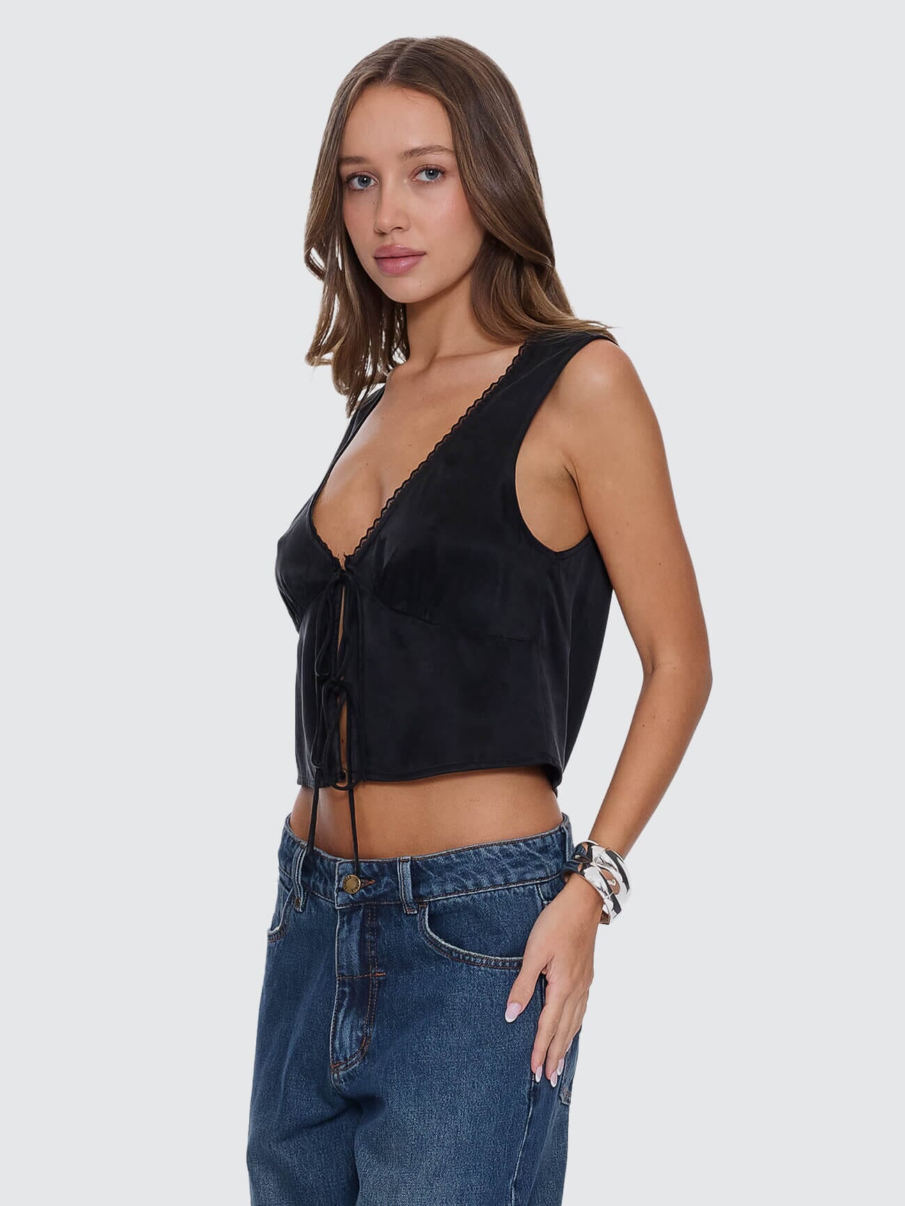 Saige Tie Front Top - Black 4