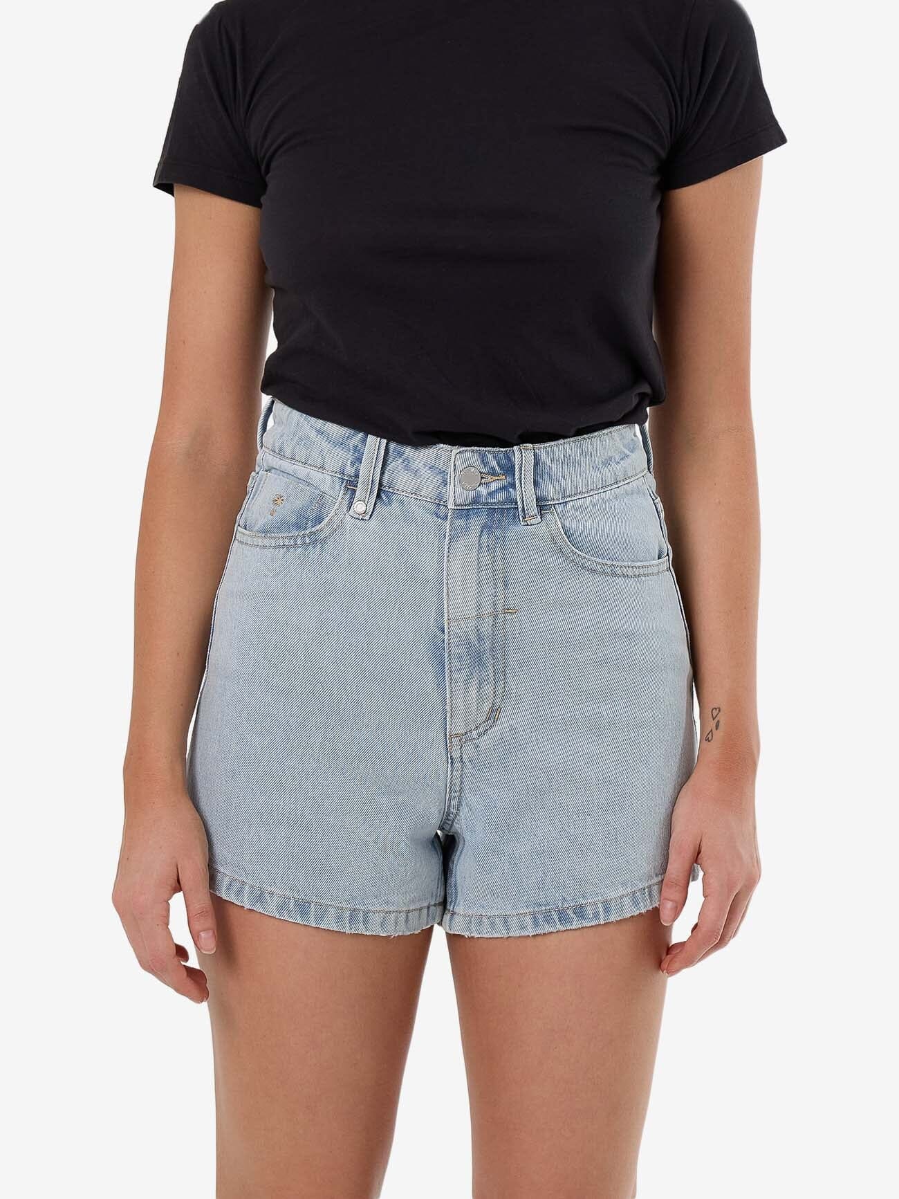Female model wearing our Thrills Erica Short in Blue standing against a plain studio background.