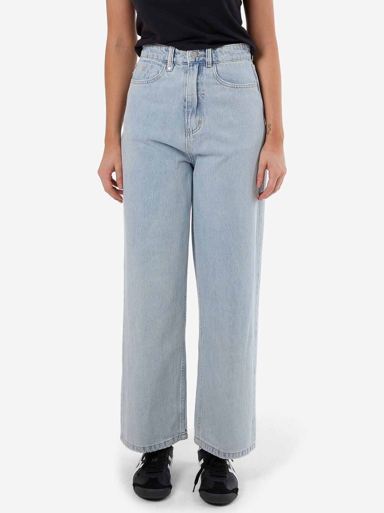 Female model wearing our Thrills Billie Jean in Blue standing against a plain studio background.