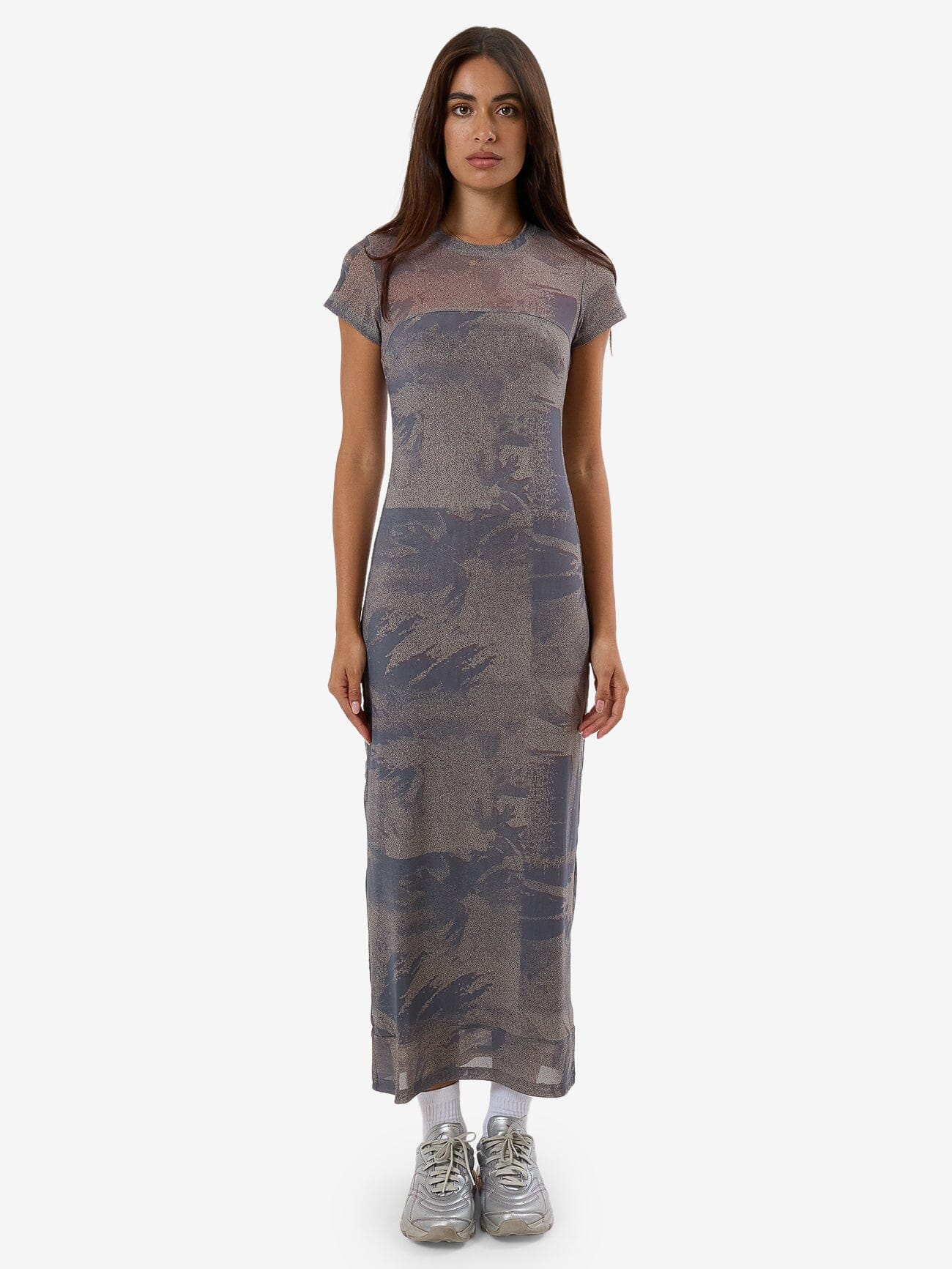 knee length dresses for ladies Mesh Overlay Midi Pencil Dress in Grey main image 1