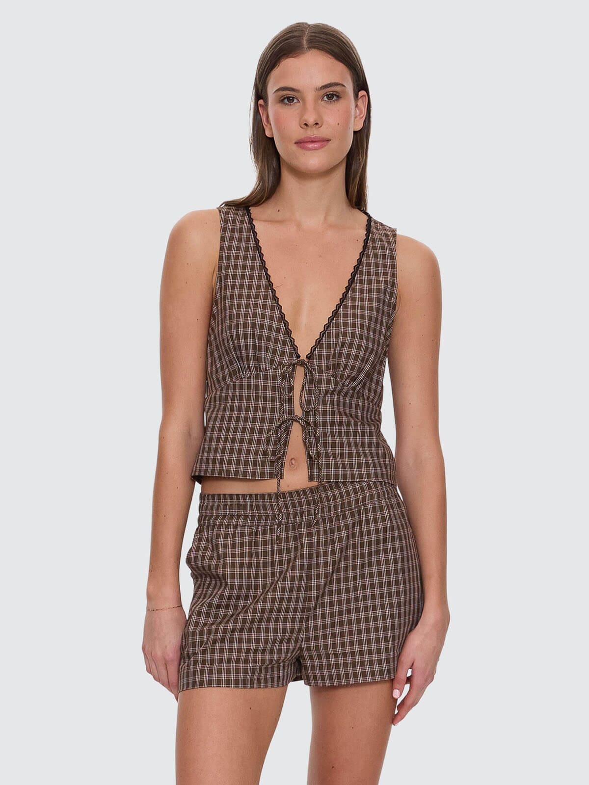 State Of Mind Check Top - Postal Brown 4