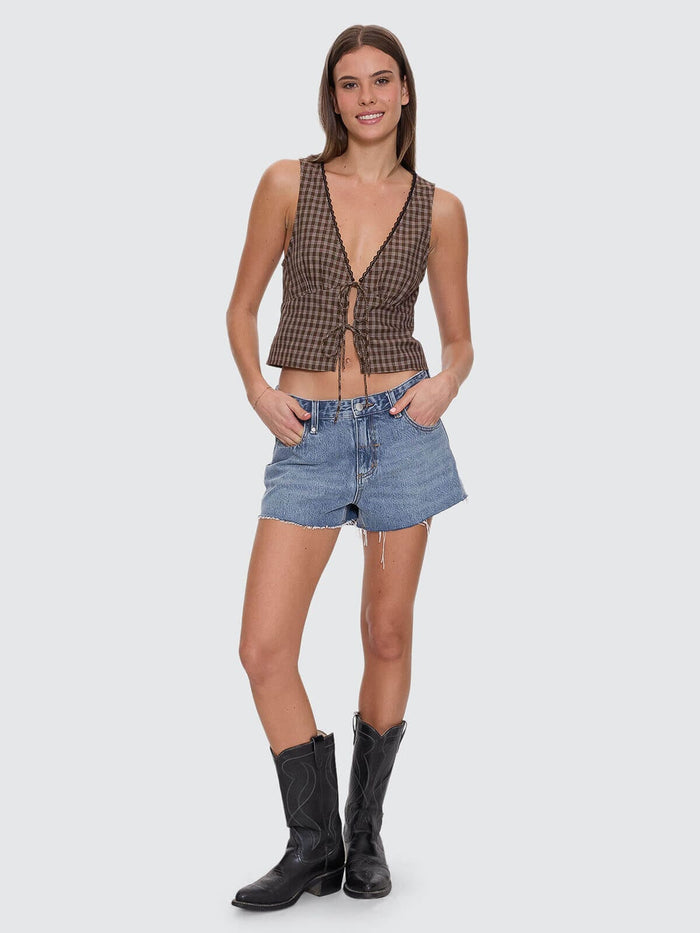 State Of Mind Check Top - Postal Brown 4