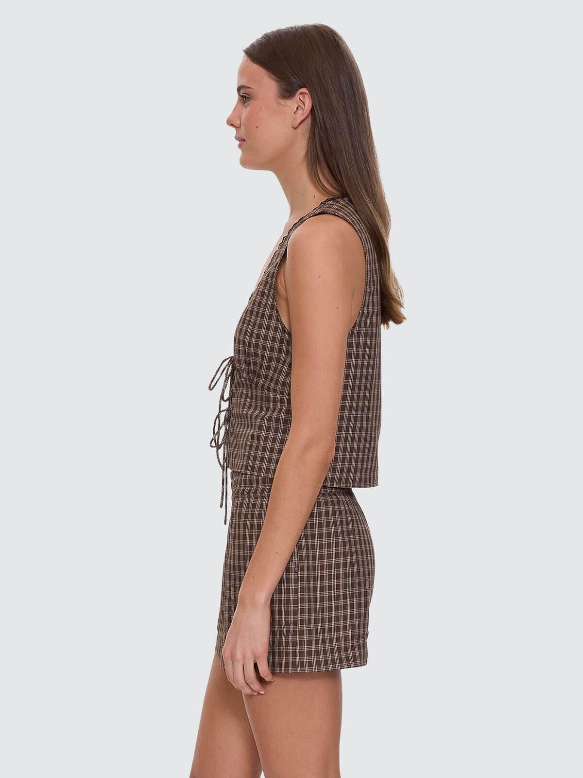 State Of Mind Check Top - Postal Brown 4