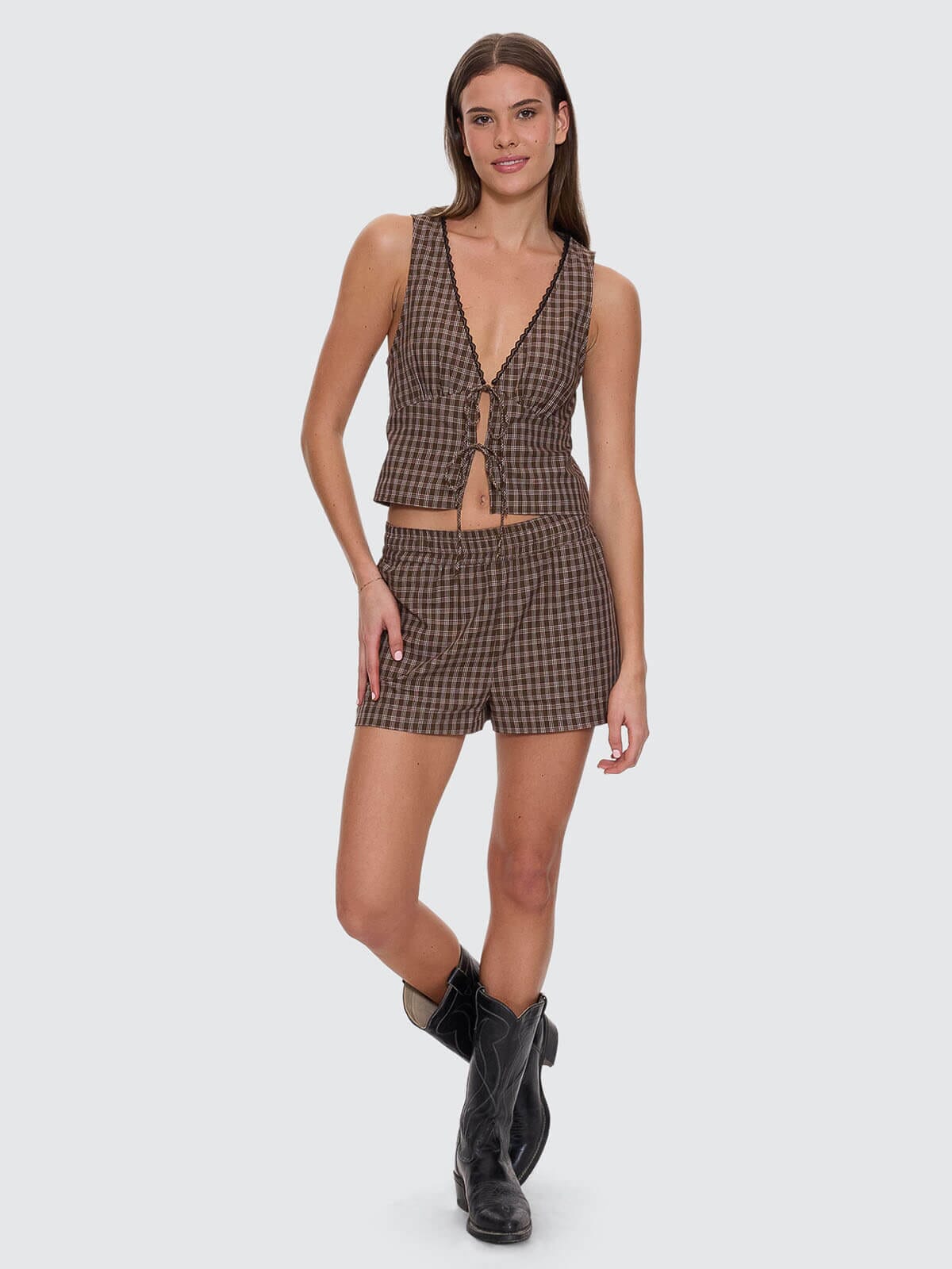 State Of Mind Check Top - Postal Brown 4