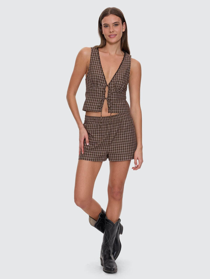 State Of Mind Check Top - Postal Brown 4