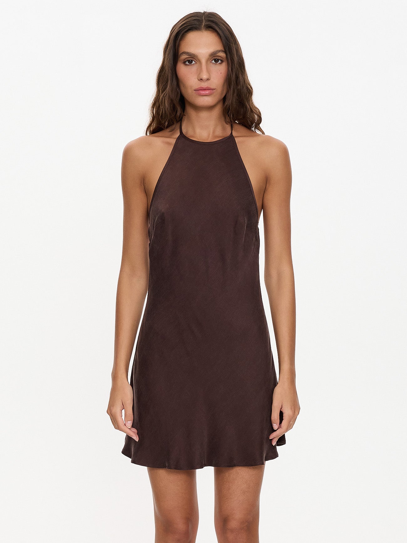 Celeste Bias Halter Mini Dress - Postal Brown