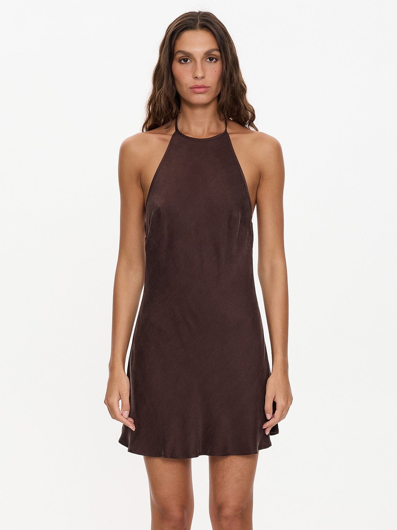 Celeste Bias Halter Mini Dress - Postal Brown