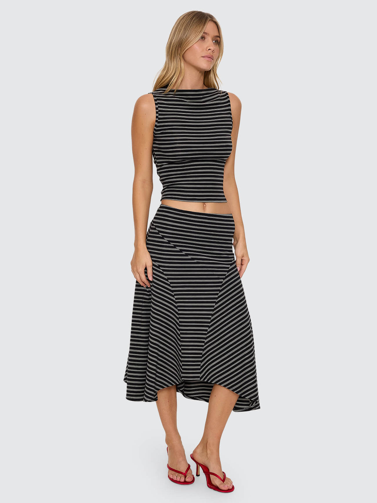 Best of Luck Sienna Midi Skirt - Black Cream Stripe 4