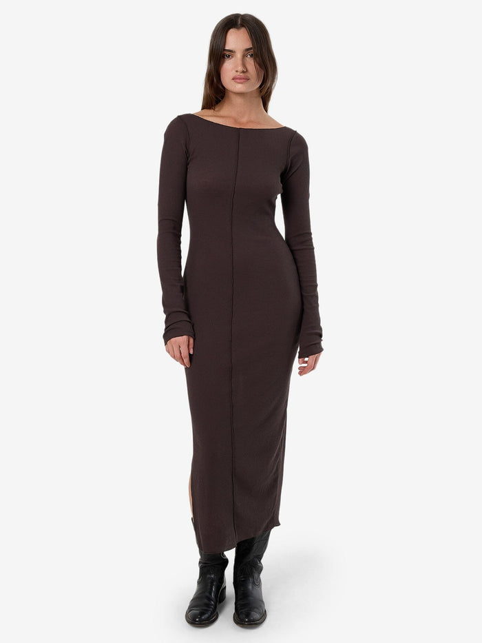 Female model wearing our Thrills Jordi Boat Neck Maxi Dress in Grey standing against a plain studio background.