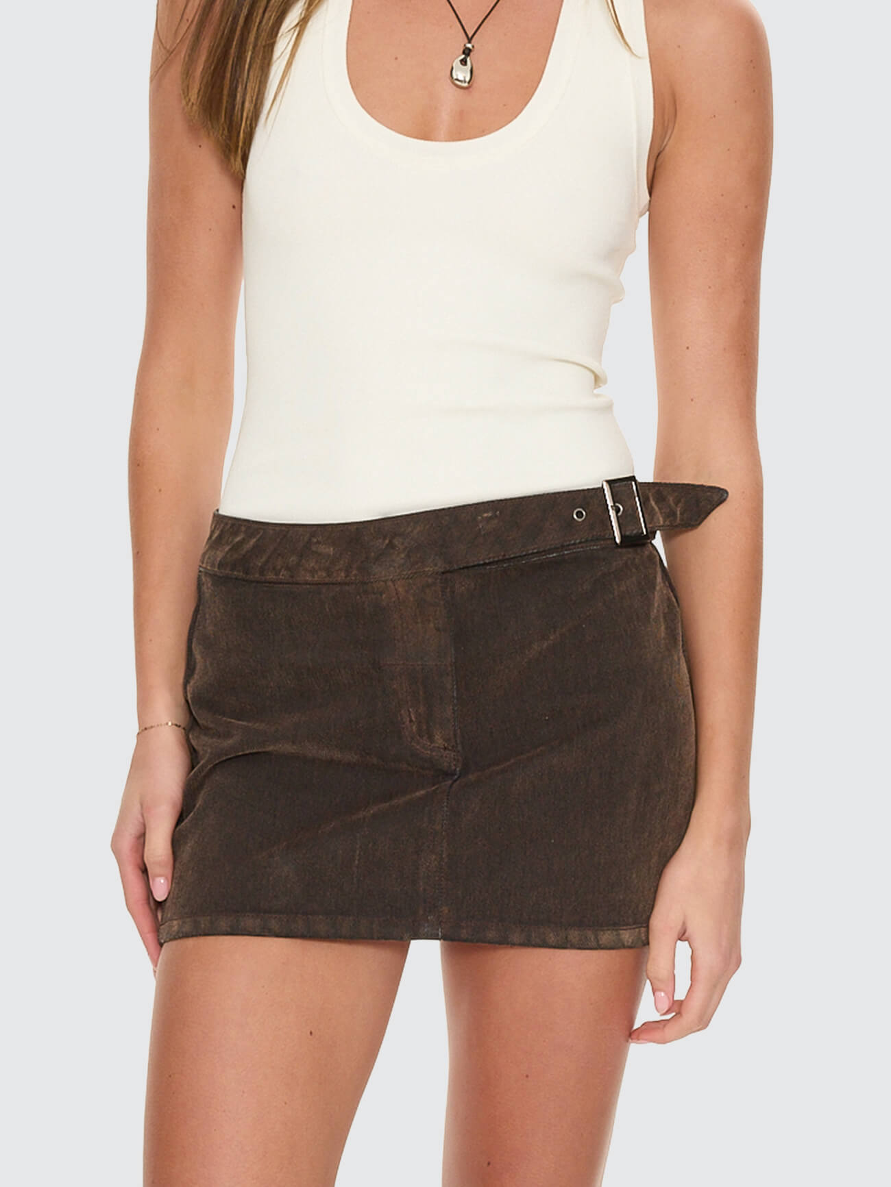 Arden Buckle Flocked Denim Mini Skirt - Dark Chocolate 4