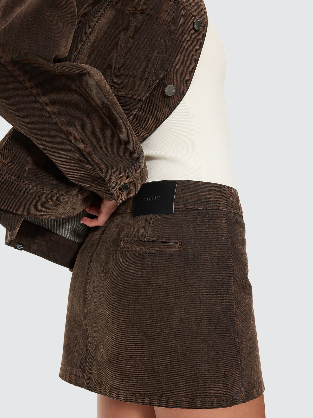 Arden Buckle Flocked Denim Mini Skirt - Dark Chocolate 4