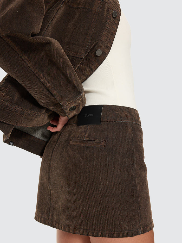 Arden Buckle Flocked Denim Mini Skirt - Dark Chocolate 4