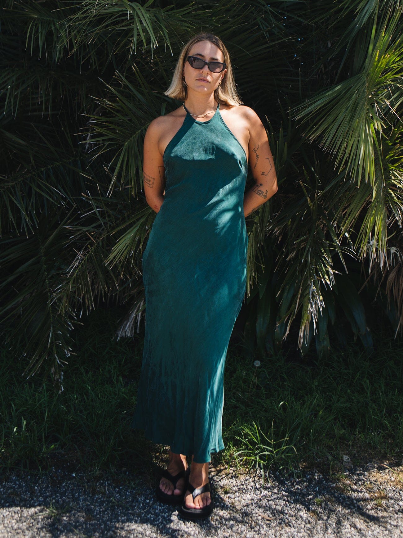 Jett Halter Bias Dress in Green | Thrills Co. Jett Halter Bias Dress in Green | Thrills Co.