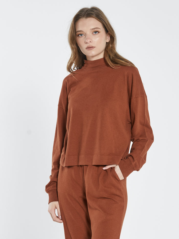 Hemp Mock Neck Long Sleeve Tee - Coffee