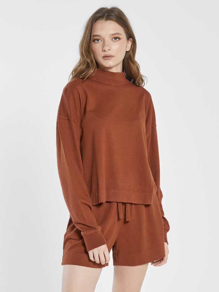 Hemp Mock Neck Long Sleeve Tee - Coffee