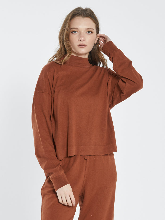 Hemp Mock Neck Long Sleeve Tee - Coffee