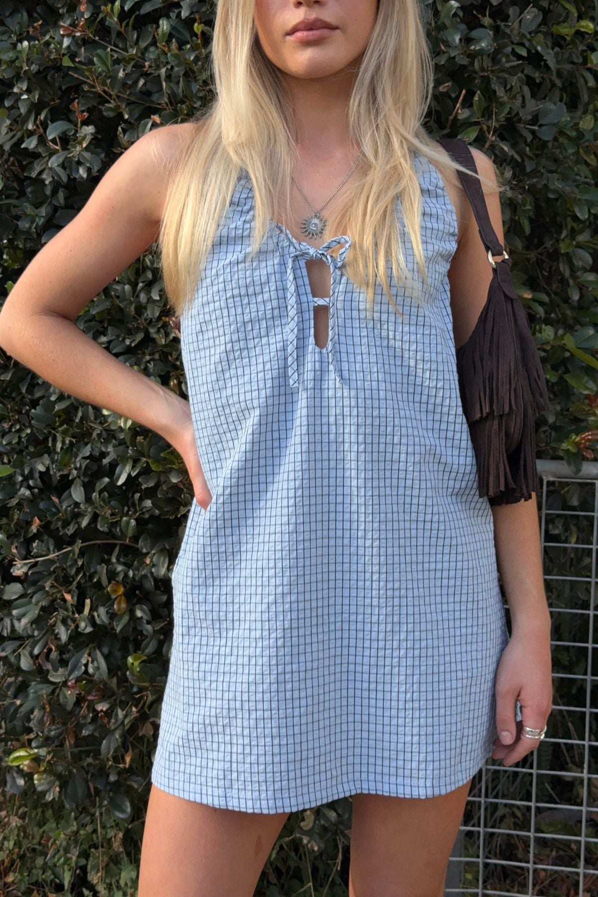 Cameron Halter Shift Mini Dress - Blue Check