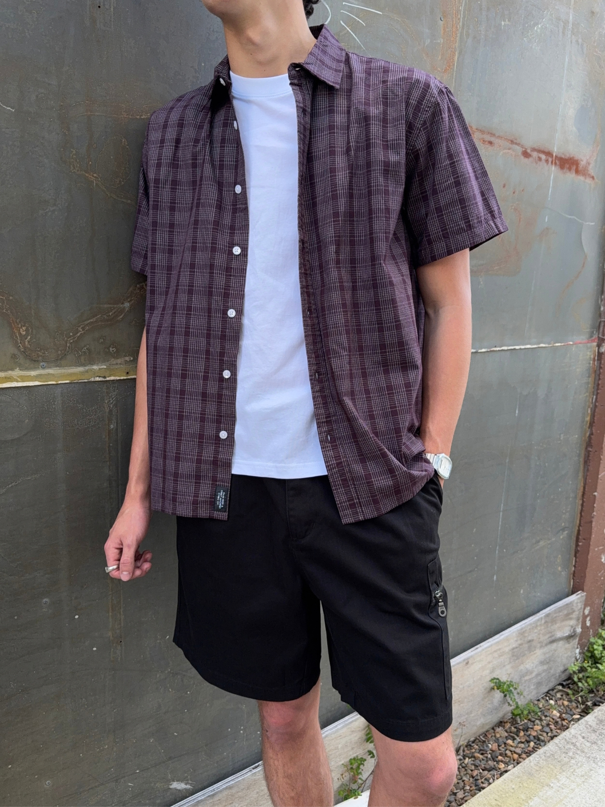 Patches Cropped Short Sleeve Shirt - Aubergine
